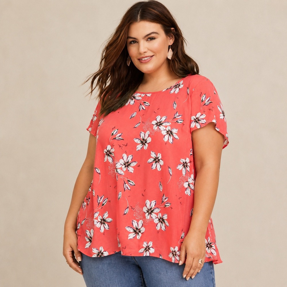 Torrid Coral Floral‎ Ruffle Wrap Back Challis Blouse 2X Crew Neck Short Sleeve
